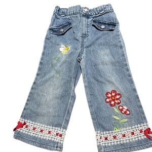 Vintage Baby Togs Denim Wide Leg Pants Lace Trim Bee Flower Embroidery 3T